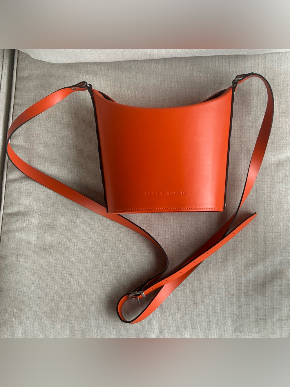 Signed Steven Harkin Orange Leather Crossbody Bucket Bag
